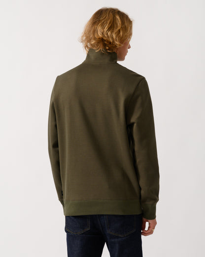 back of a model wearing a PS Paul Smith Mens Classic Half Zip Top in 35 Military Green