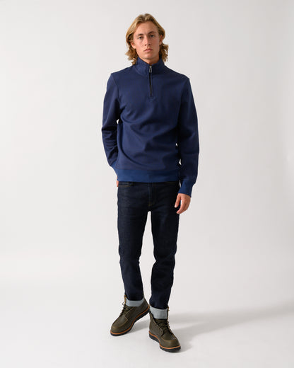 full length studio portrait of a model wearing a PS Paul Smith Mens Classic Half Zip Top in 46 Indigo