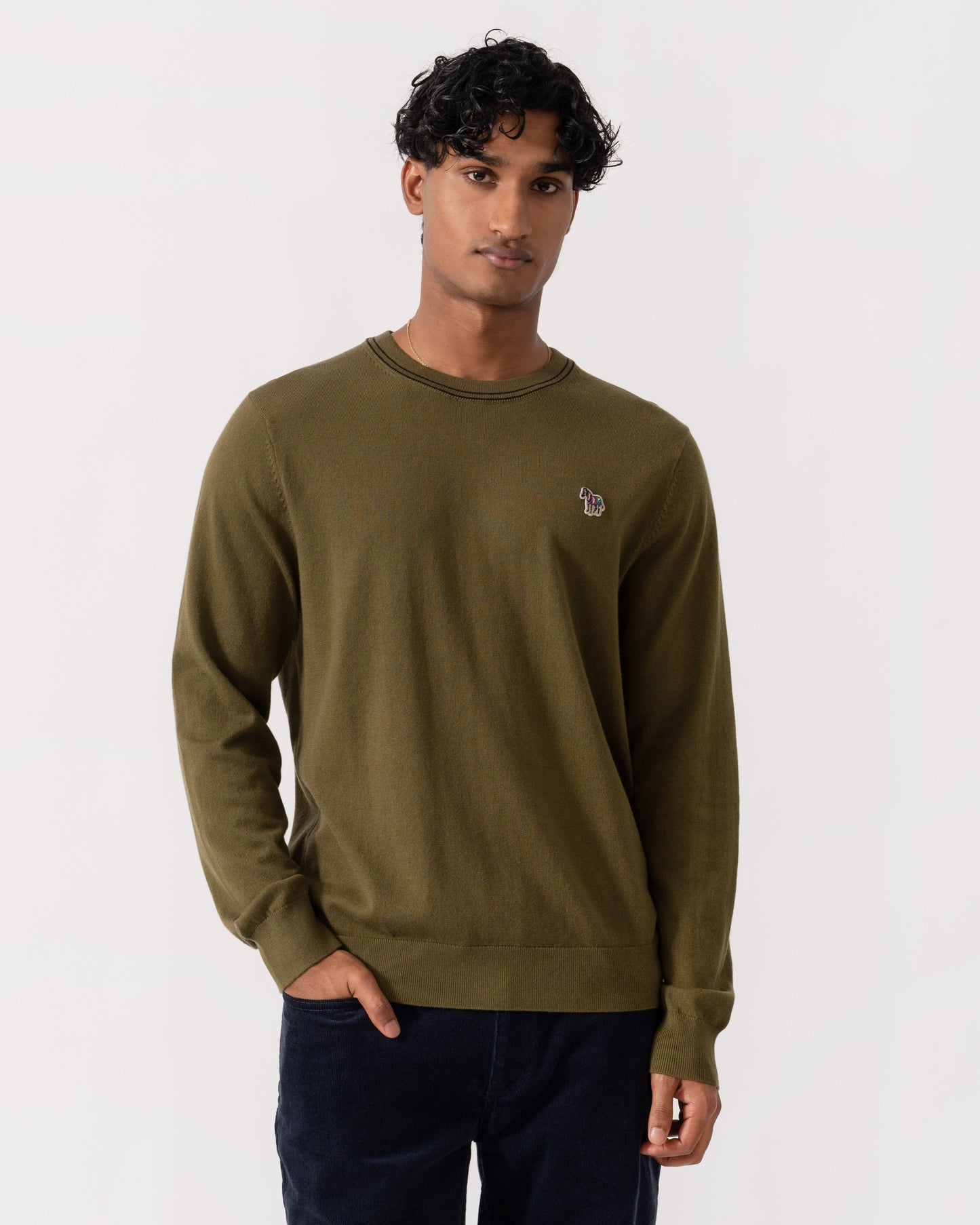 Front of PS Paul Smith Mens Crew Neck Zebra Badge Sweater - 35 Military Green