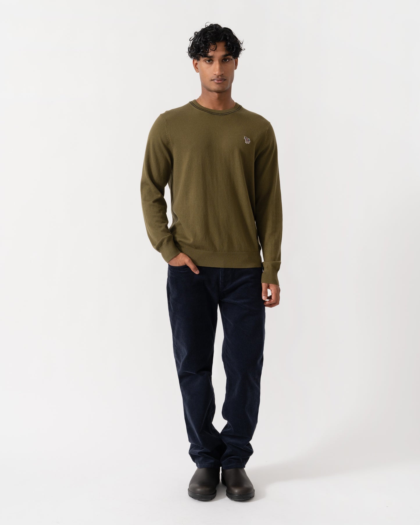 Man wearing PS Paul Smith Mens Crew Neck Zebra Badge Sweater - 35 Military Green