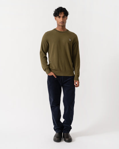 Man wearing PS Paul Smith Mens Crew Neck Zebra Badge Sweater - 35 Military Green