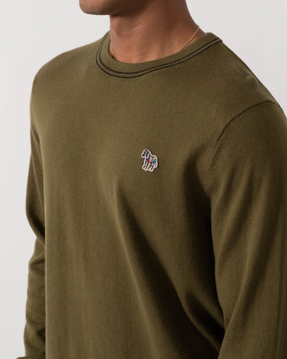 Close up of PS Paul Smith Mens Crew Neck Zebra Badge Sweater - 35 Military Green