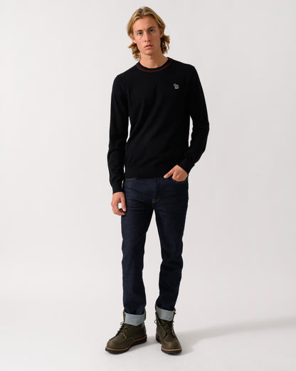 full length studio photograph of a PS Paul Smith Mens Crew Neck Zebra Badge Sweater in 79 Black