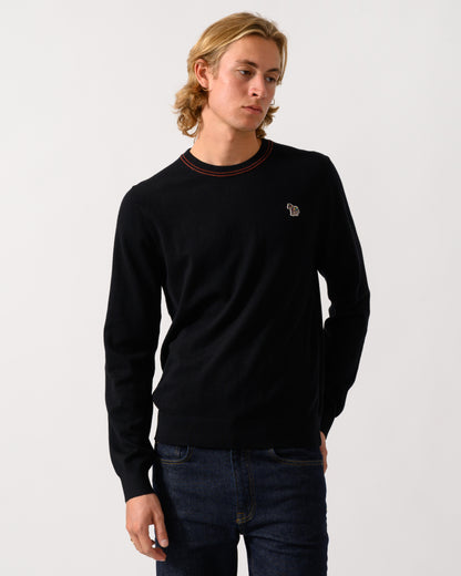 studio photograph of a PS Paul Smith Mens Crew Neck Zebra Badge Sweater in 79 Black