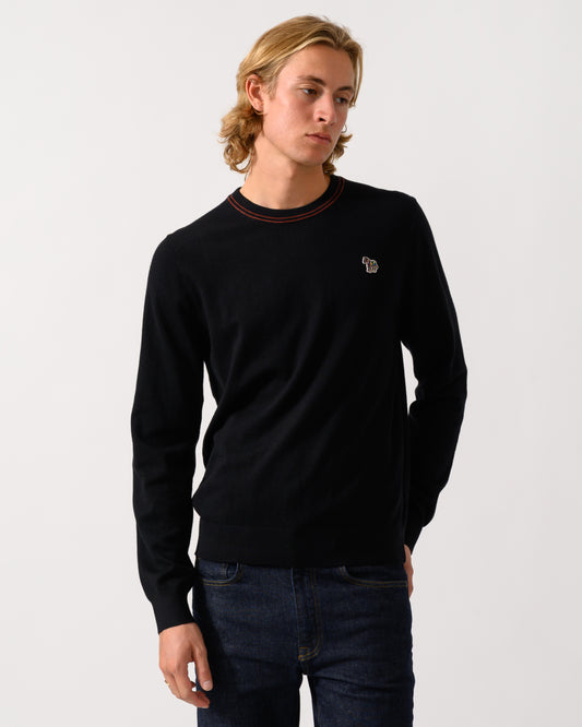 studio photograph of a PS Paul Smith Mens Crew Neck Zebra Badge Sweater in 79 Black