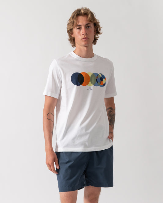 model wearing a PS Paul Smith Mens Football Graphic T-Shirt in 01 White