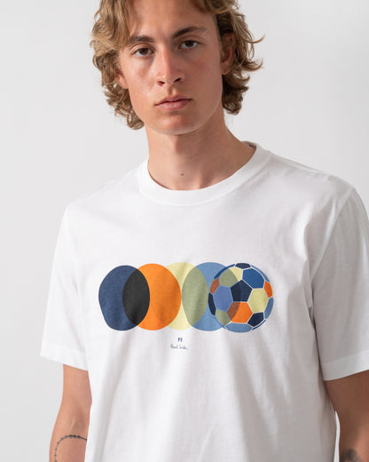 close up shot of a model wearing a PS Paul Smith Mens Football Graphic T-Shirt in 01 White