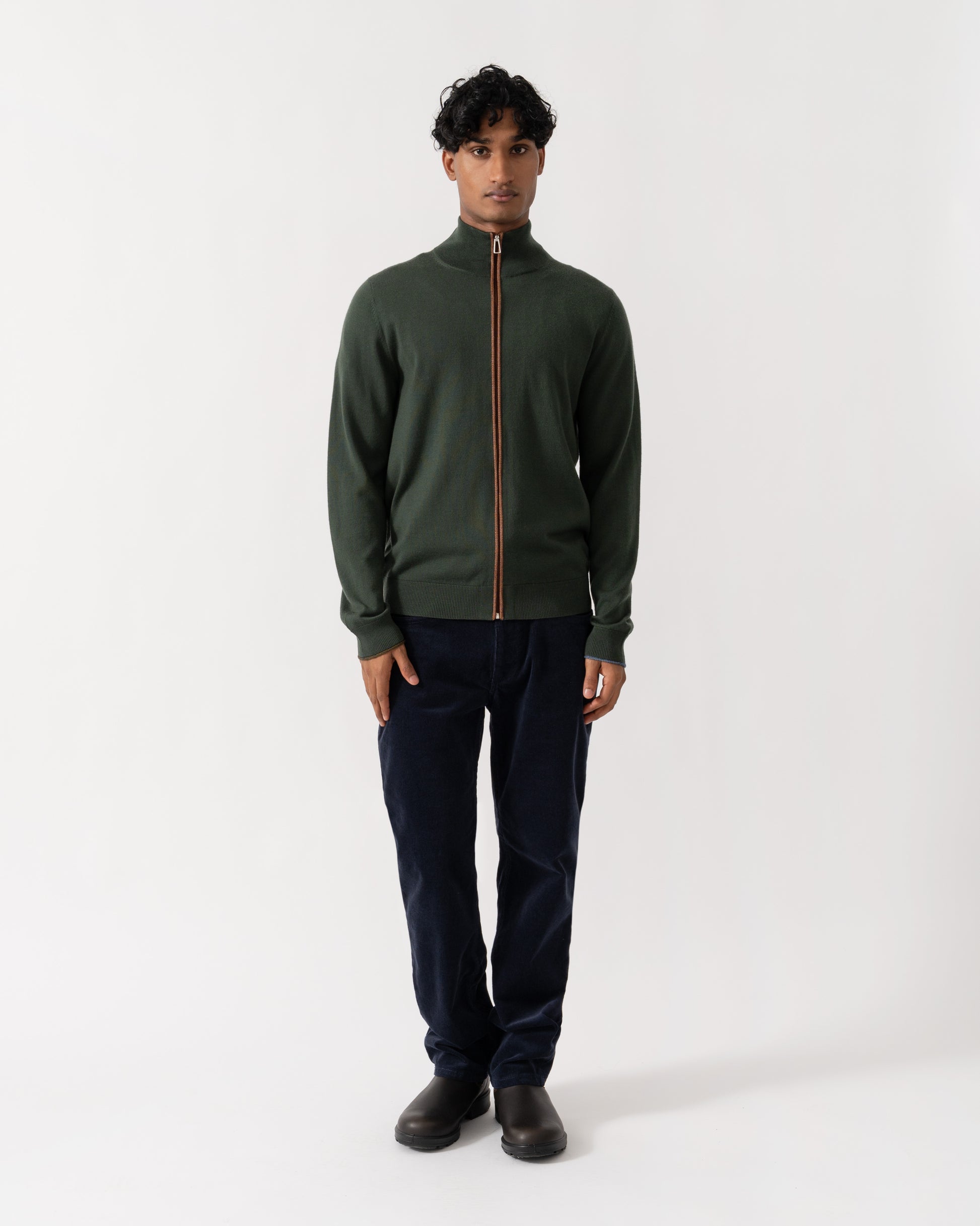 man wearing PS Paul Smith Mens Full Zip Funnel Neck Sweater - 38 Bottle Green