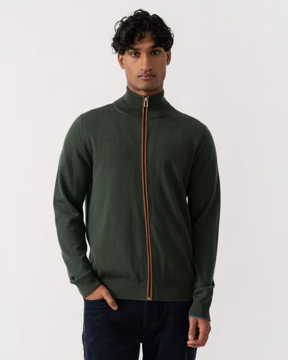 Front of PS Paul Smith Mens Full Zip Funnel Neck Sweater - 38 Bottle Green