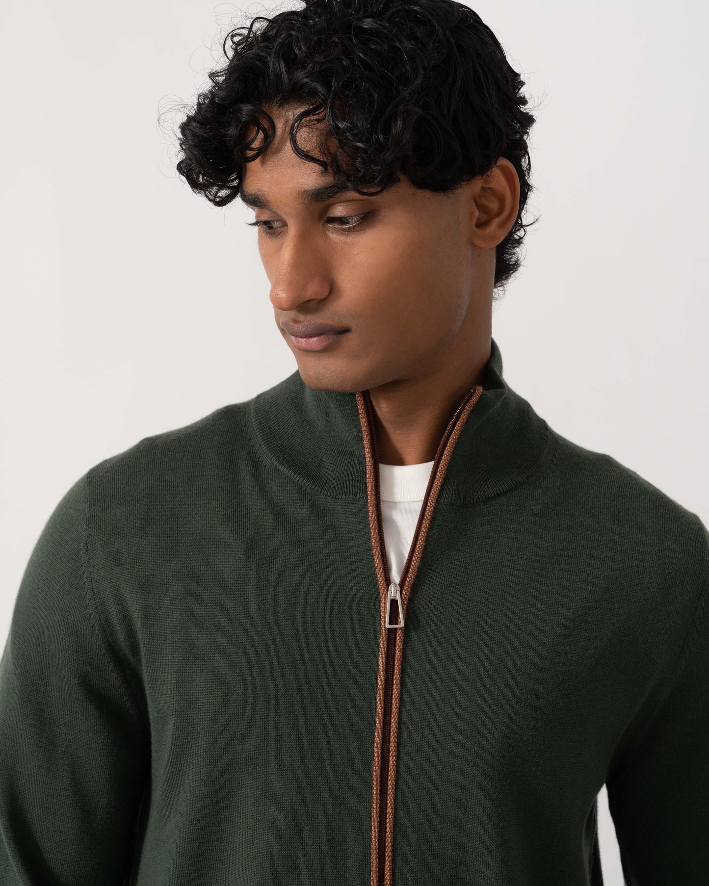 Collar detail of PS Paul Smith Mens Full Zip Funnel Neck Sweater - 38 Bottle Green