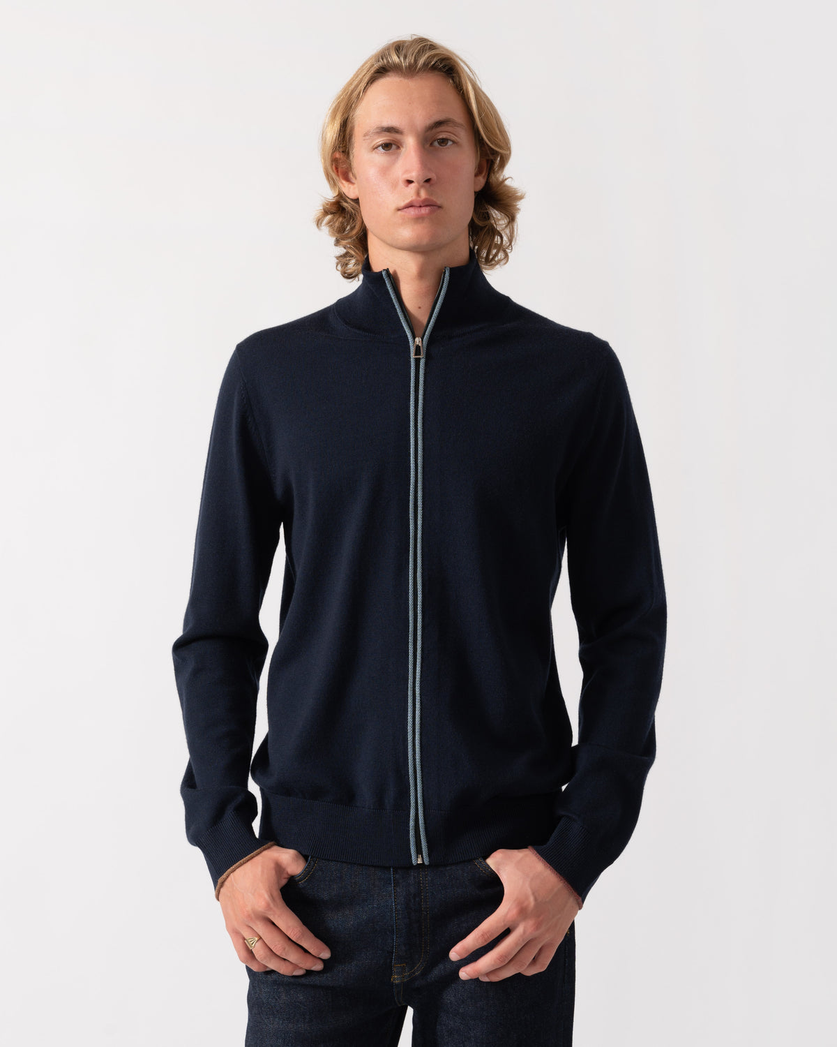 Front of the Paul Smith's Mens Full Zip Funnel Neck Sweater in 49 Very Dark Navy