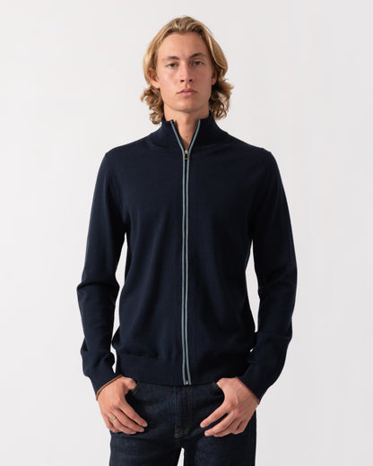 Front of the Paul Smith's Mens Full Zip Funnel Neck Sweater in 49 Very Dark Navy
