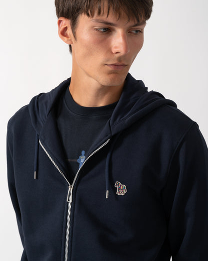close up of a model wearing a PS Paul Smith Mens Full Zip Hoodie with Zebra Logo in 49 Very Dark Navy