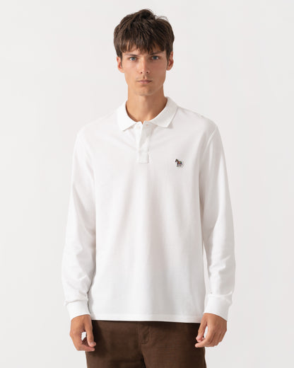 Front of PS Paul Smith Mens Long Sleeve Plain Polo Shirt with Zebra Logo - 01 White