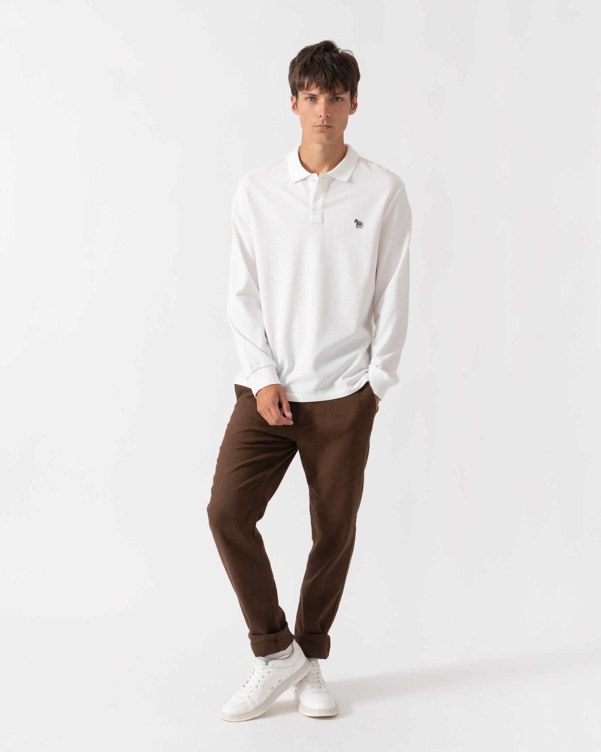 Full Length of PS Paul Smith Mens Long Sleeve Plain Polo Shirt with Zebra Logo - 01 White