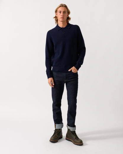 full length studio photo of a model wearing a PS Paul Smith Mens Long Sleeve Plain Polo Sweater in 49 Very Dark Navy
