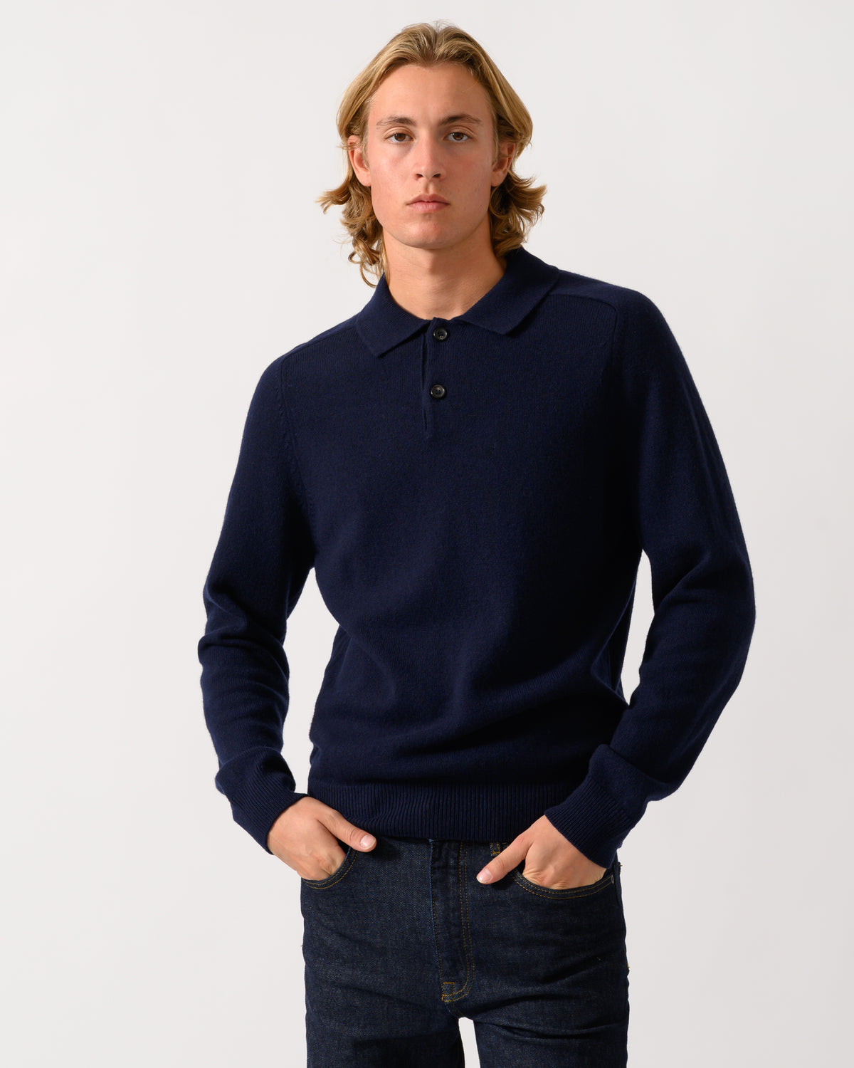 studio photo of a model wearing a PS Paul Smith Mens Long Sleeve Plain Polo Sweater in 49 Very Dark Navy