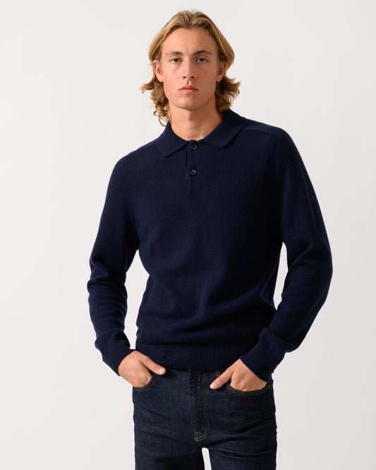 studio photo of a model wearing a PS Paul Smith Mens Long Sleeve Plain Polo Sweater in 49 Very Dark Navy