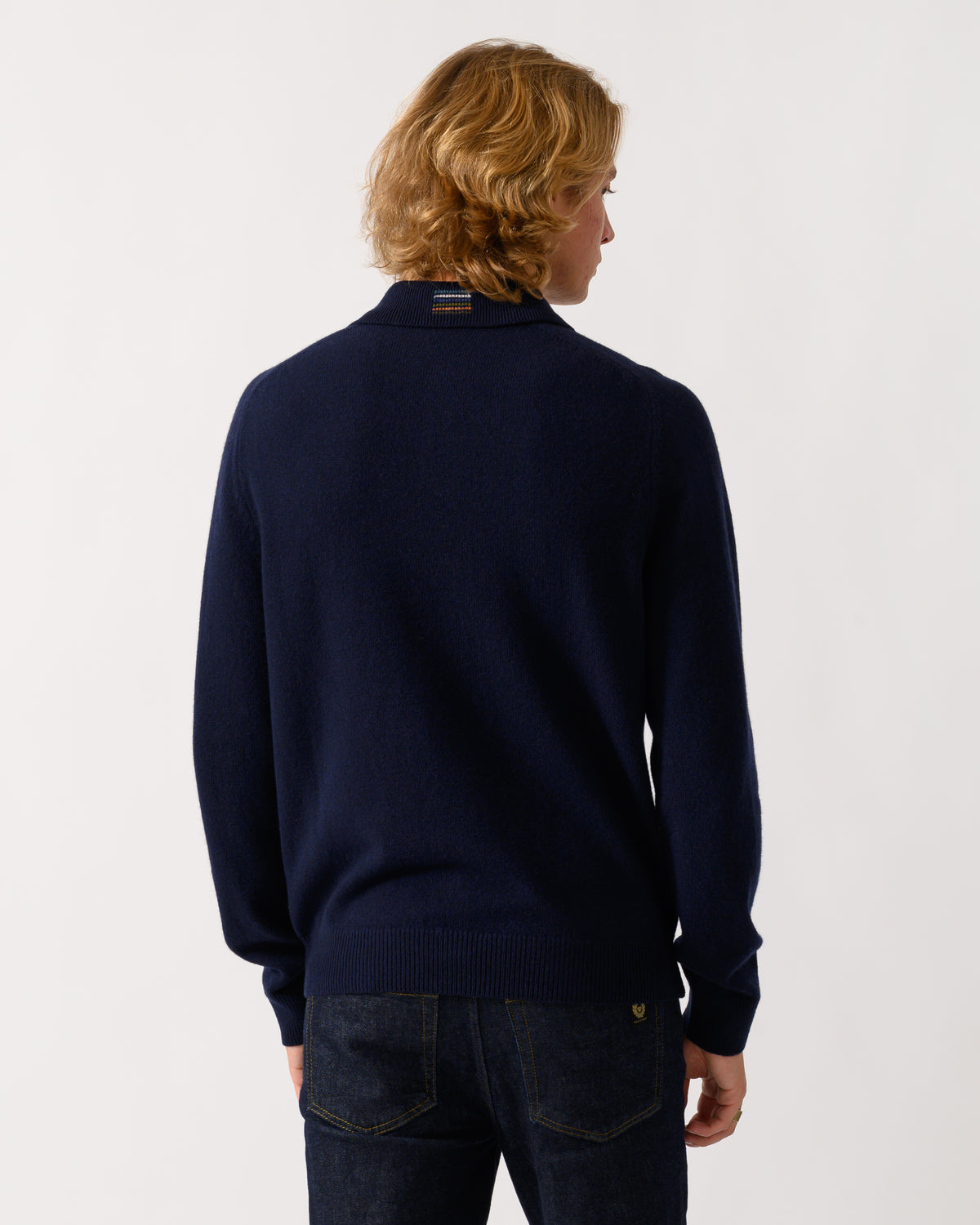 back photo of a model wearing a PS Paul Smith Mens Long Sleeve Plain Polo Sweater in 49 Very Dark Navy