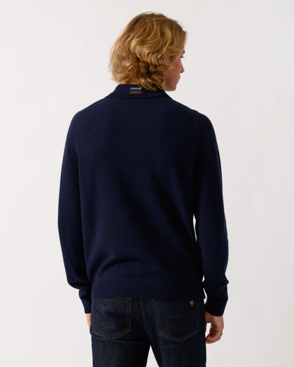 back photo of a model wearing a PS Paul Smith Mens Long Sleeve Plain Polo Sweater in 49 Very Dark Navy
