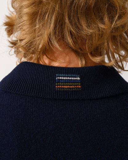 neck detail of a PS Paul Smith Mens Long Sleeve Plain Polo Sweater in 49 Very Dark Navy