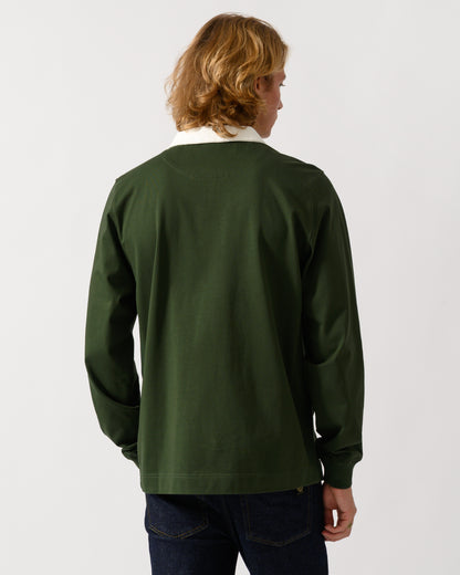 studio photograph of the back of a model wearing a PS Paul Smith Mens Long Sleeve Signature Logo Polo in 38A Bottle Green
