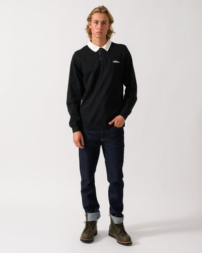 full length studio photograph of a model wearing a PS Paul Smith Mens Long Sleeve Signature Logo Polo a 79 Black