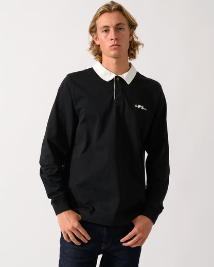 studio photograph of a model wearing a PS Paul Smith Mens Long Sleeve Signature Logo Polo a 79 Black