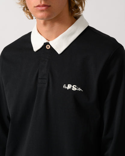 close up studio photograph of a model wearing a PS Paul Smith Mens Long Sleeve Signature Logo Polo a 79 Black