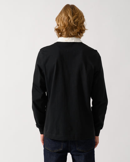 studio photographof the back of a model wearing a PS Paul Smith Mens Long Sleeve Signature Logo Polo a 79 Black