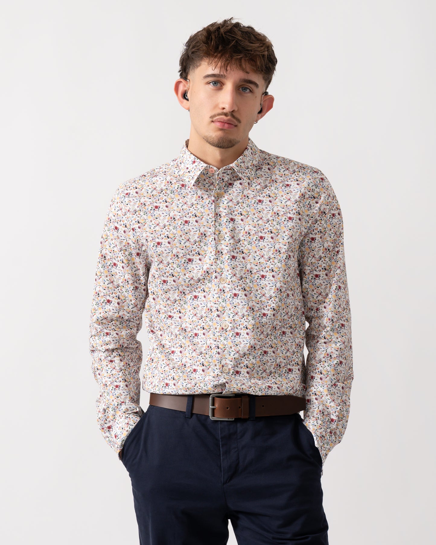 Model wearing a PS Paul Smith Mens Long Sleeve Tailored Fit Shirt in Multicolour