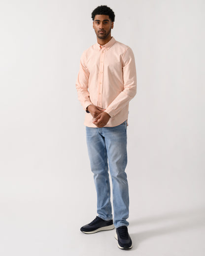 full length shot of a model wearing a PS Paul Smith Mens Long Sleeve Tailored Fit Shirt With Button Down Collar in Orange