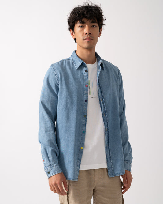 PS Paul Smith Mens Long Sleeve Tailored Fit Shirt with Signature Stripe Buttons - LT Blue