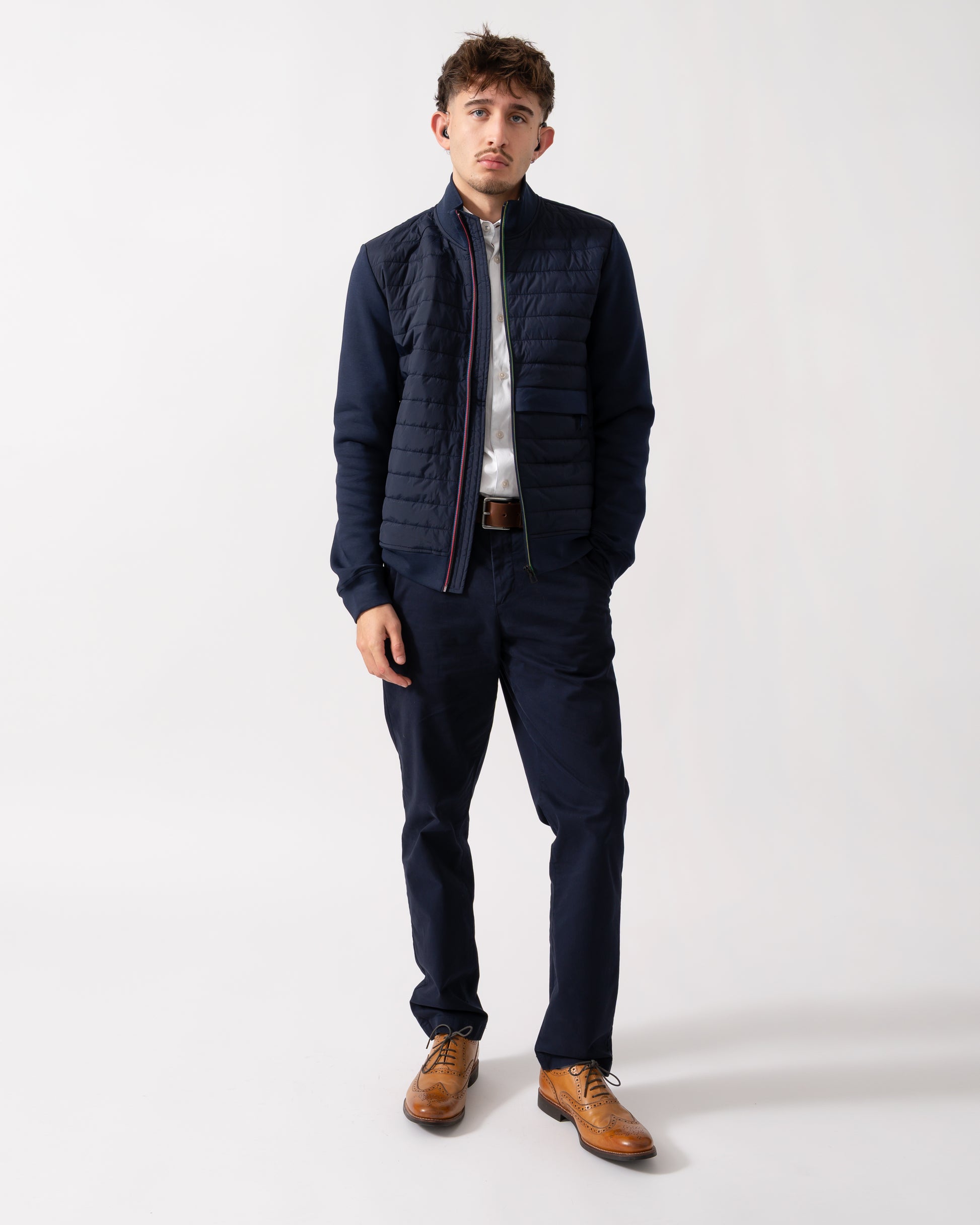 Full length shot of a Model wearing a Paul Smith Mens Mixed Media Jacket in Blue