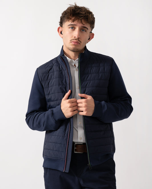 Model wearing a Paul Smith Mens Mixed Media Jacket in Blue