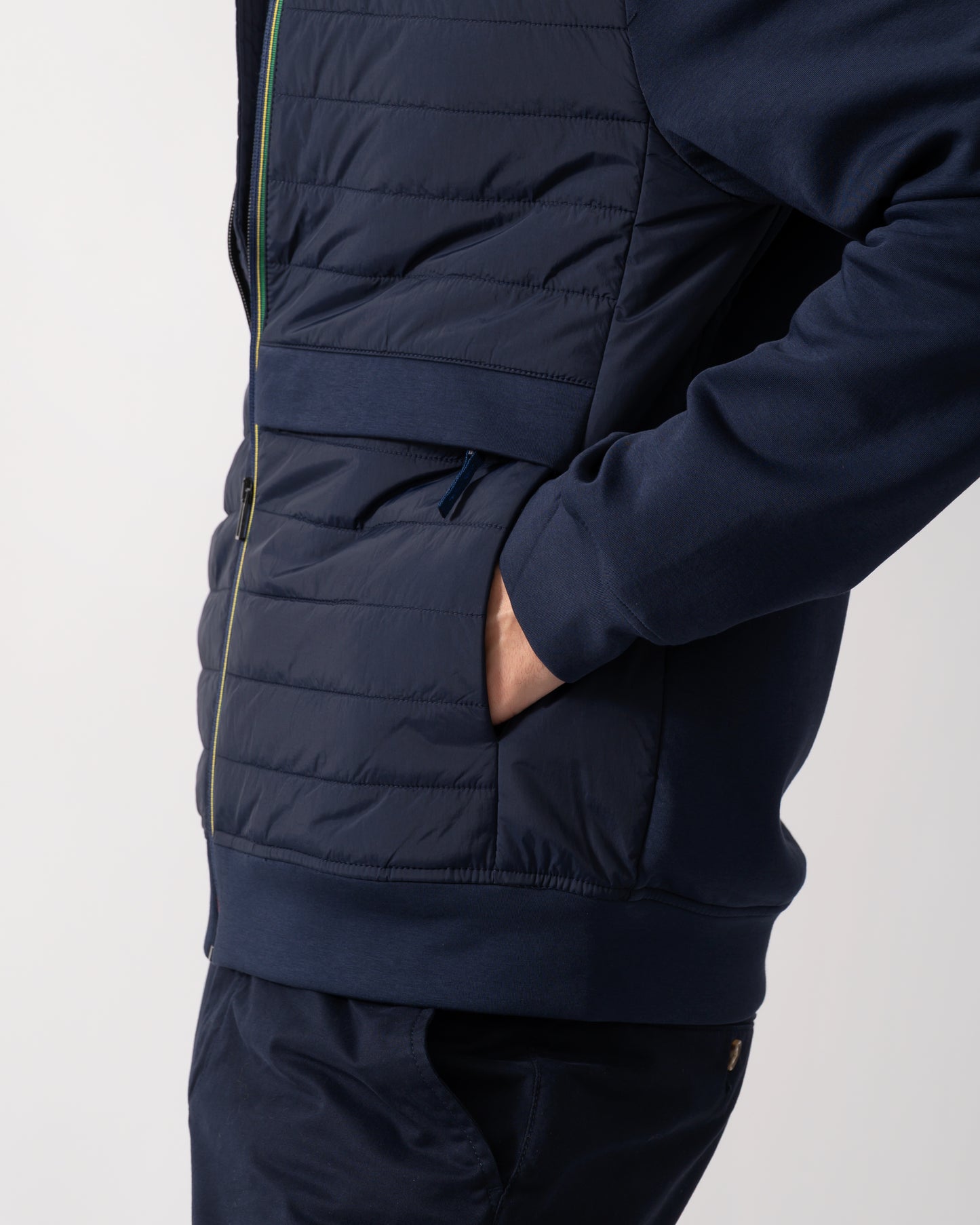 detail shots of a Model wearing a Paul Smith Mens Mixed Media Jacket in Blue