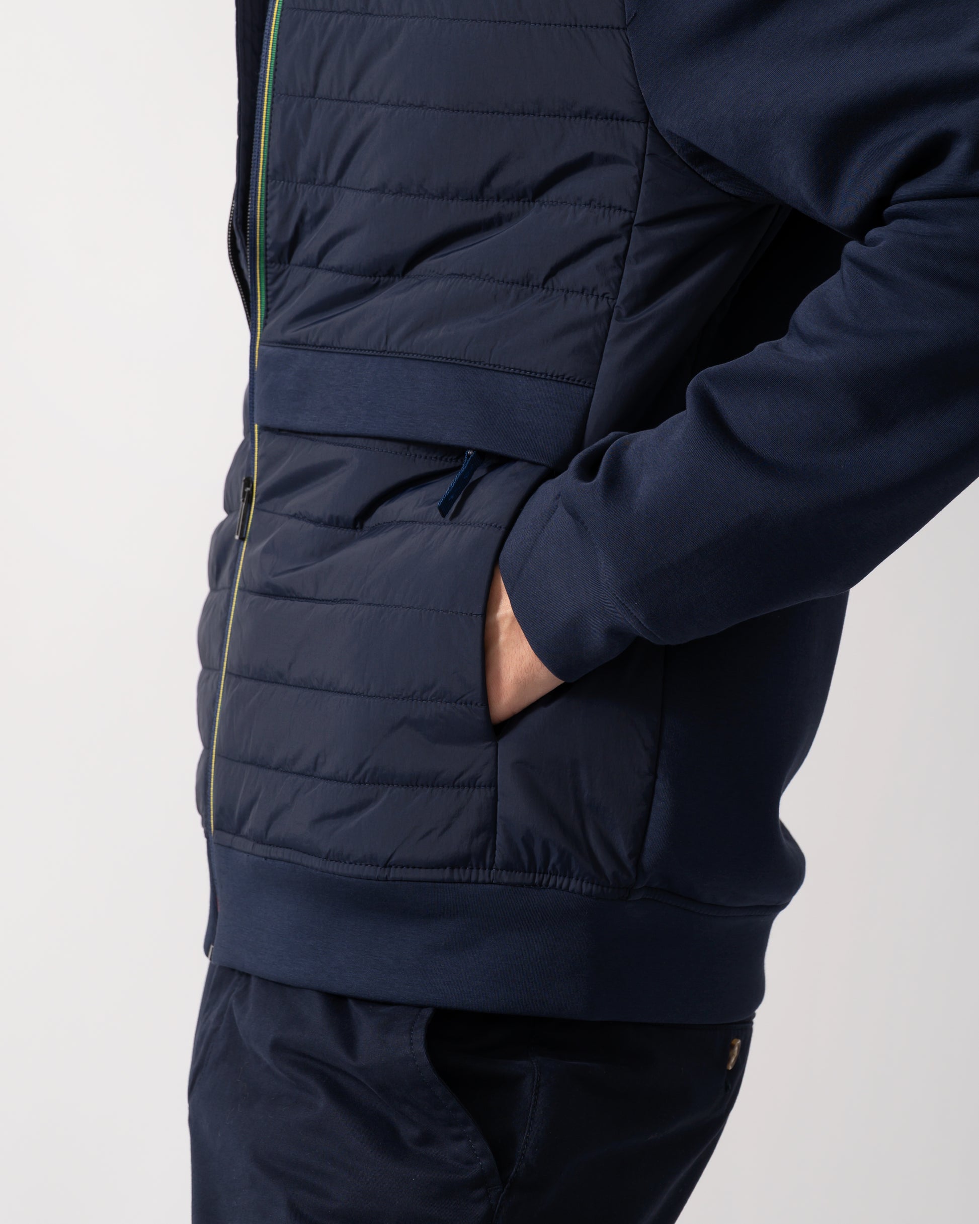 detail shots of a Model wearing a Paul Smith Mens Mixed Media Jacket in Blue