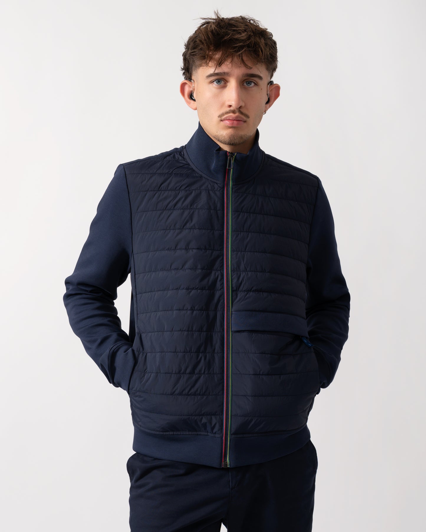 front shot of a Model wearing a Paul Smith Mens Mixed Media Jacket in Blue