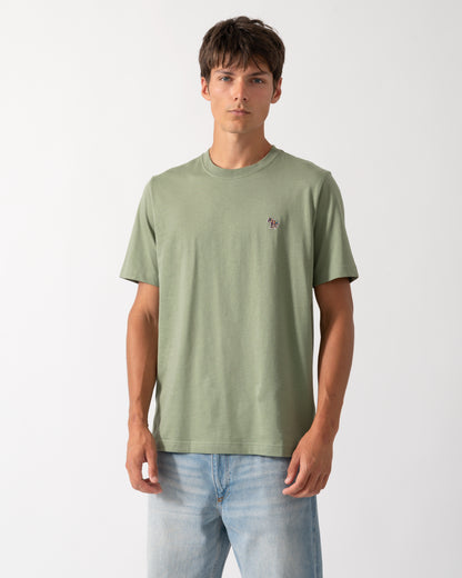 model wearing a PS Paul Smith Mens Organic Cotton Zebra Logo T-Shirt in 34D Light Greyish Green