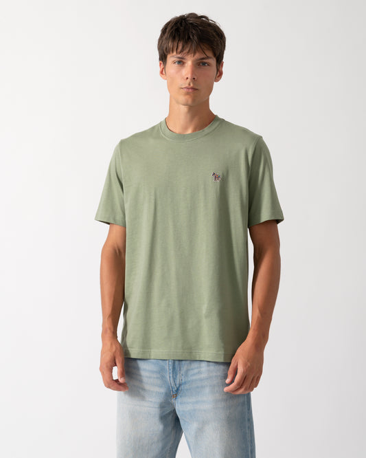 model wearing a PS Paul Smith Mens Organic Cotton Zebra Logo T-Shirt in 34D Light Greyish Green
