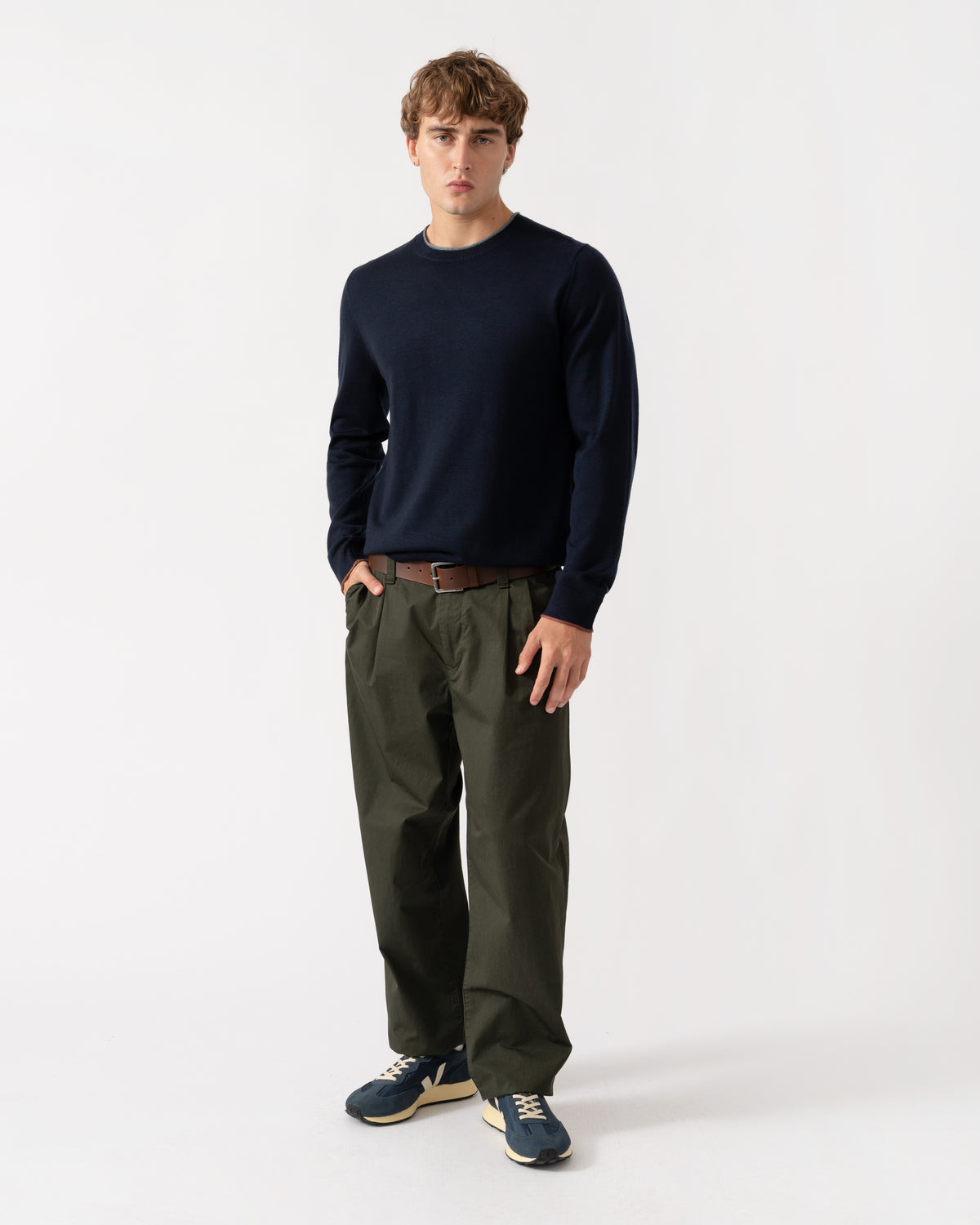 Outfit shot of PS Paul Smith Mens Plain Crew Neck Sweater - 49 Very Dark Navy