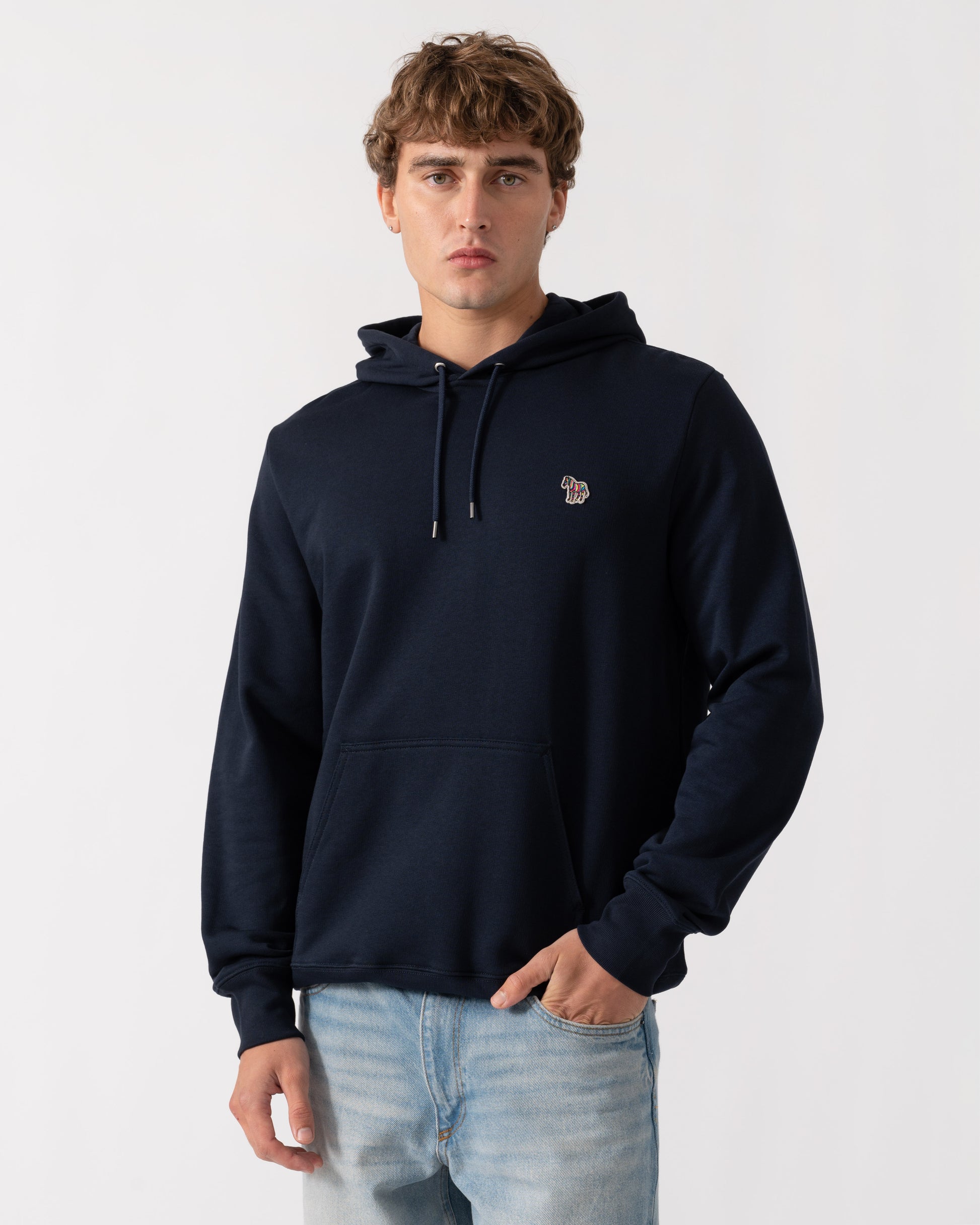 Model wearing PS Paul Smith Mens Pullover Hoodie with Zebra Logo - 49 Very Dark Navy