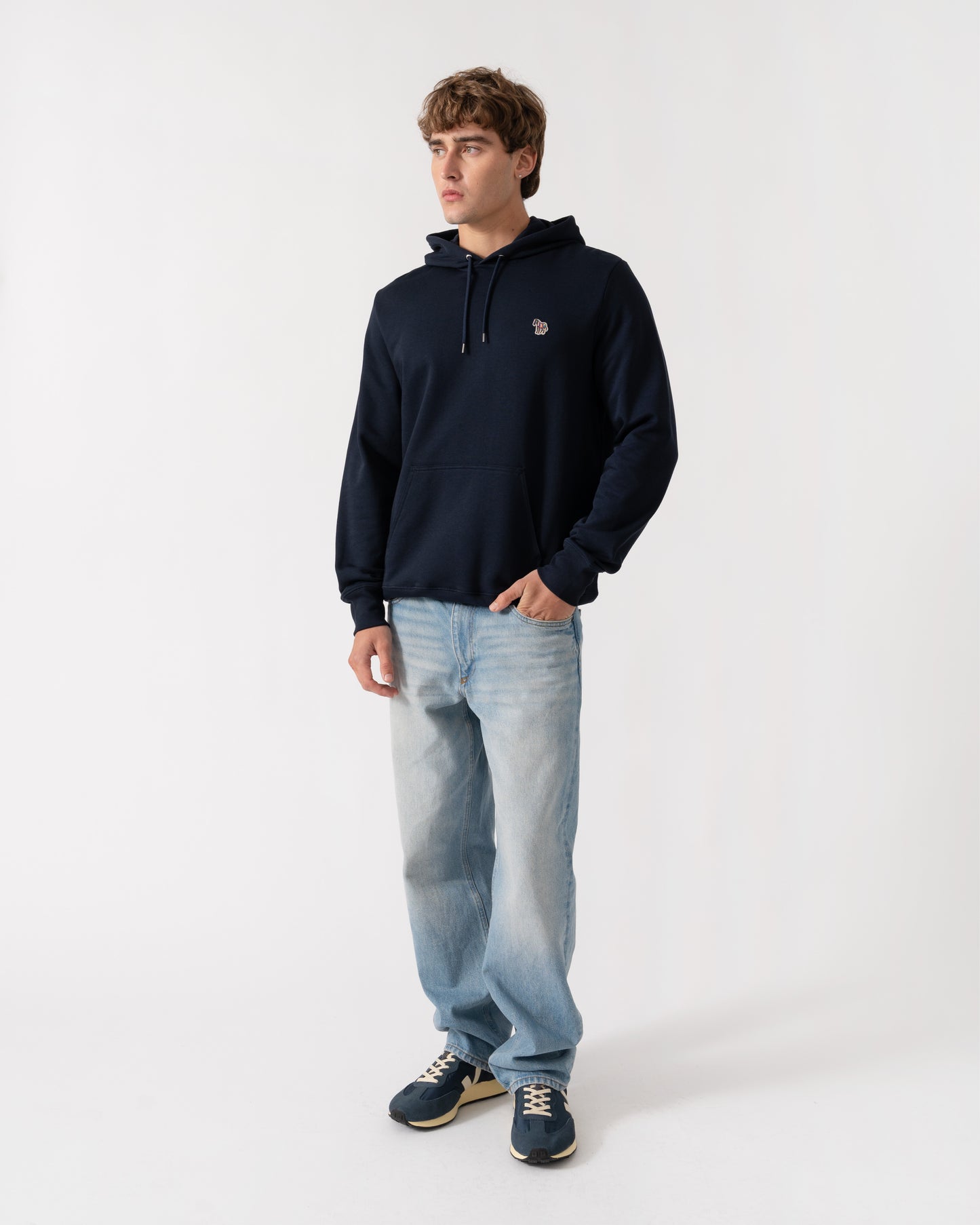 Outfit shot of PS Paul Smith Mens Pullover Hoodie with Zebra Logo - 49 Very Dark Navy