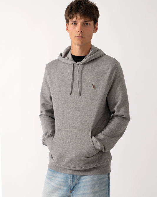 model wearing a PS Paul Smith Mens Pullover Hoodie with Zebra Logo in 72 Melange