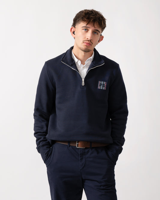 Model wearing a PS Paul Smith Mens Reg Fit Half Zip PS Logo Sweatshirt in Very Dark Navy