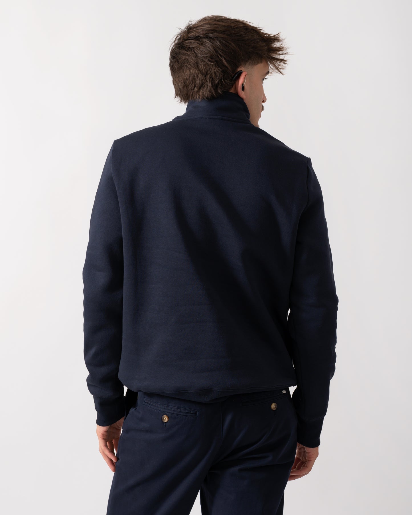 back of a Model wearing a PS Paul Smith Mens Reg Fit Half Zip PS Logo Sweatshirt in Very Dark Navy