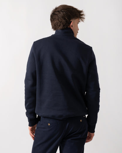 back of a Model wearing a PS Paul Smith Mens Reg Fit Half Zip PS Logo Sweatshirt in Very Dark Navy