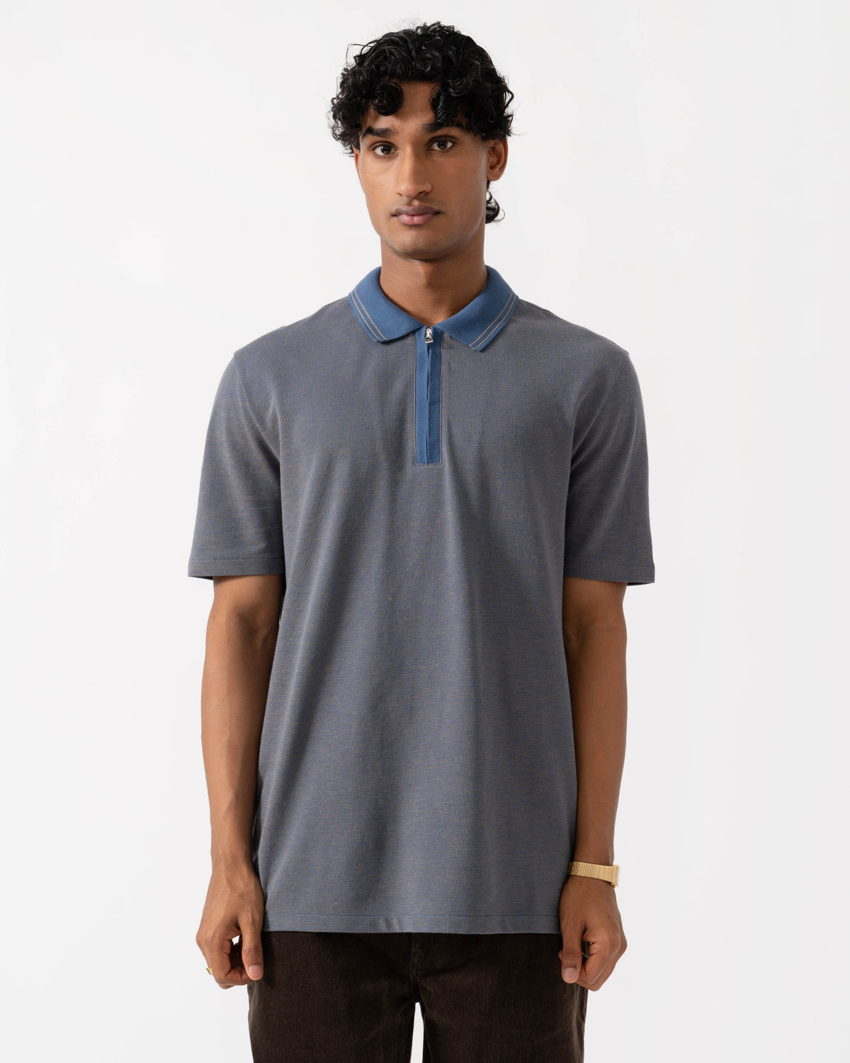 Front of the PS Paul Smith Mens Reg Fit Zip Polo Shirt - 46 Indigo