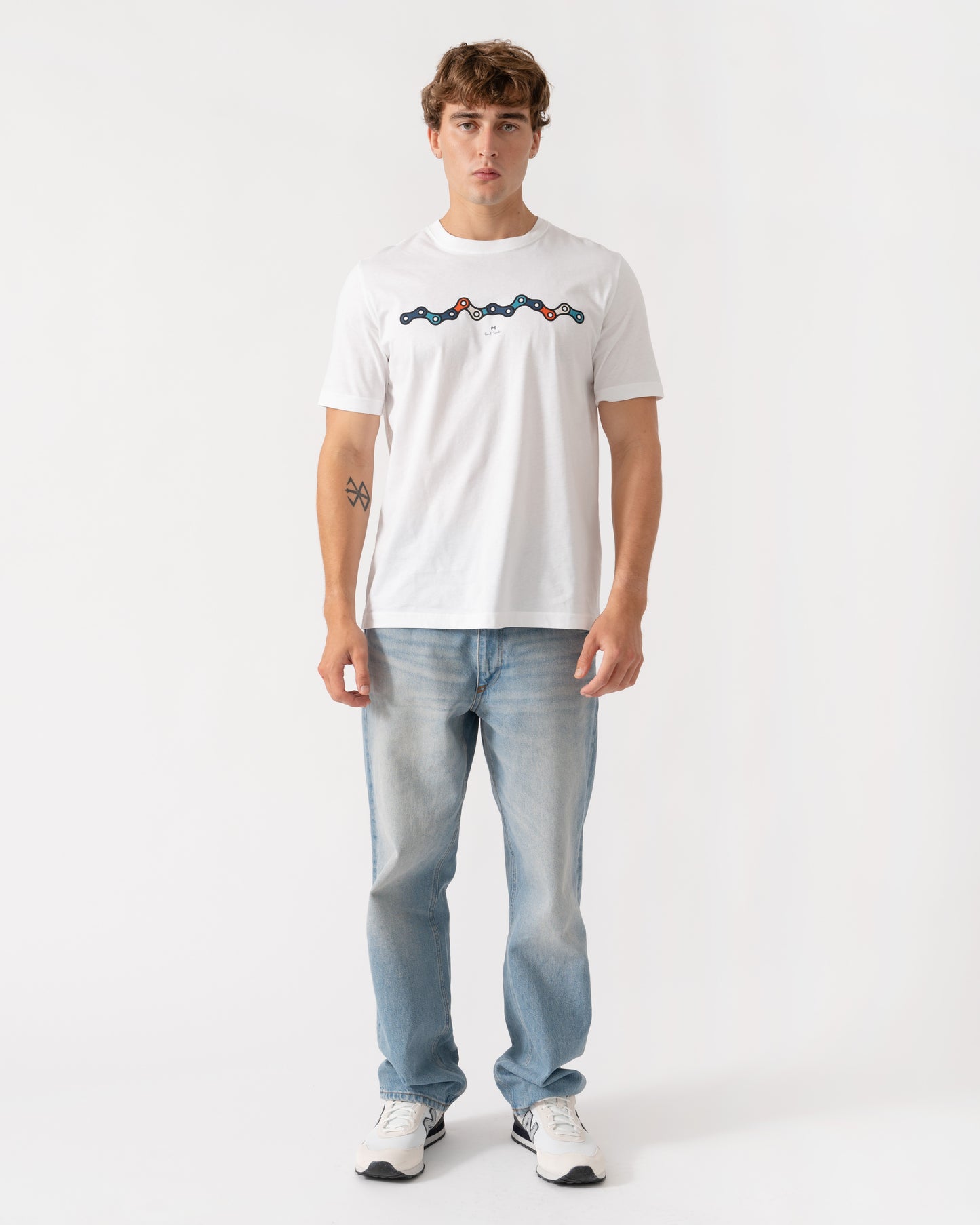 Outfit shot of PS Paul Smith Mens Regular Fit Chain Graphic T-Shirt - 01 White