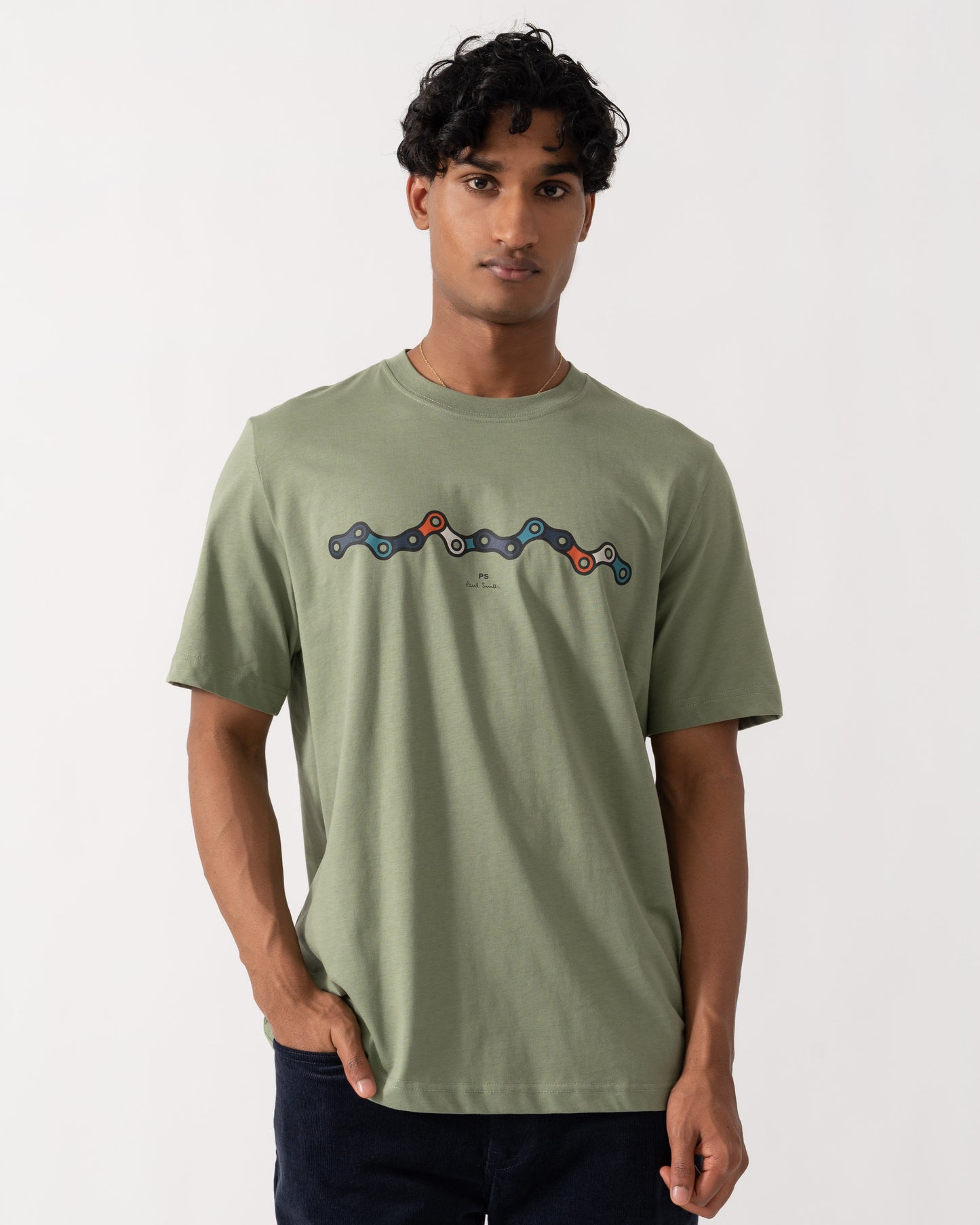 Man wearing PS Paul Smith Mens Regular Fit Chain Graphic T-Shirt - 34D Light Greyish Green